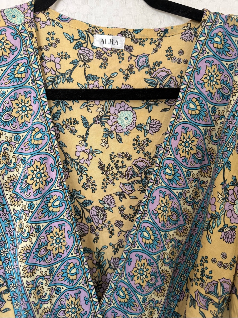 Aura Boho Floral Wrap Midi Dress Yellow Paisley Border Rayon Size L - Picture 3 of 8